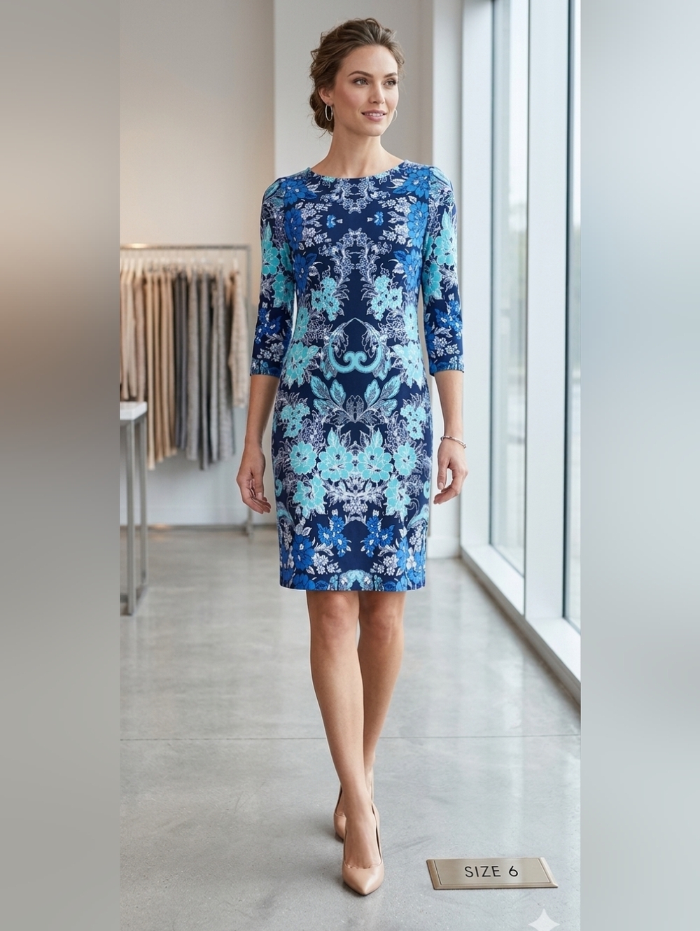 London Times Floral 3/4 Sleeve Dress Sz 6 EUC